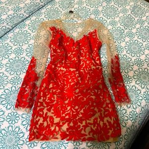 Cute Red & nude see through lace mesh mini dress Super sexy.